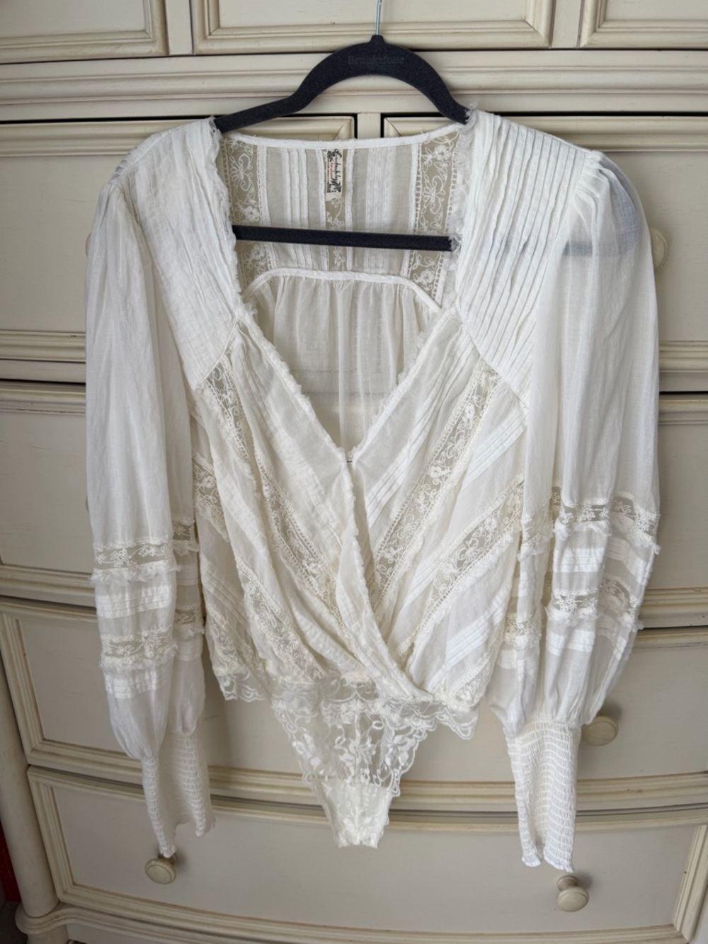 Free People Ivory Lace-Trim Wrap Bodysuit BOHO Poet Blouse THONG